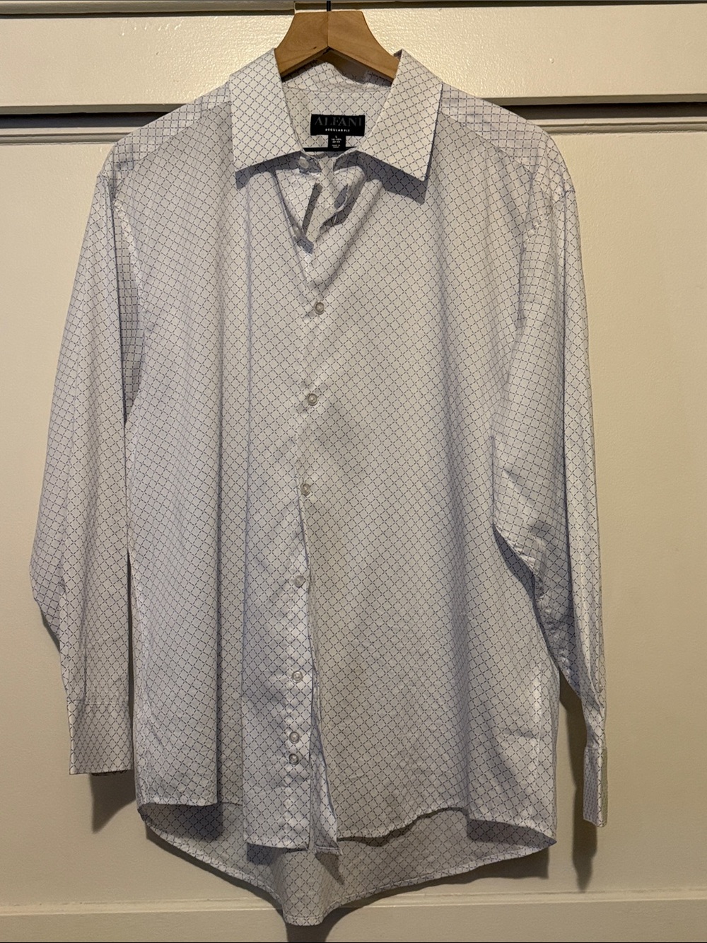Alfani White Dress Shirt with Subtle Blue Geometric Print
